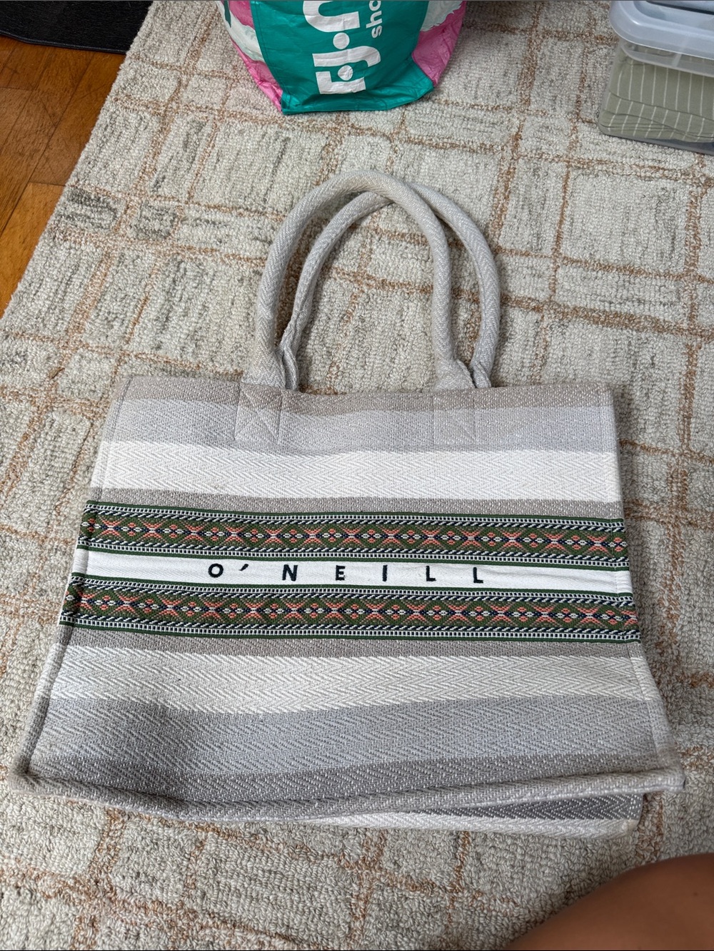 O'Neill Beige, White & Green Woven Beach Tote with Patterned Trim